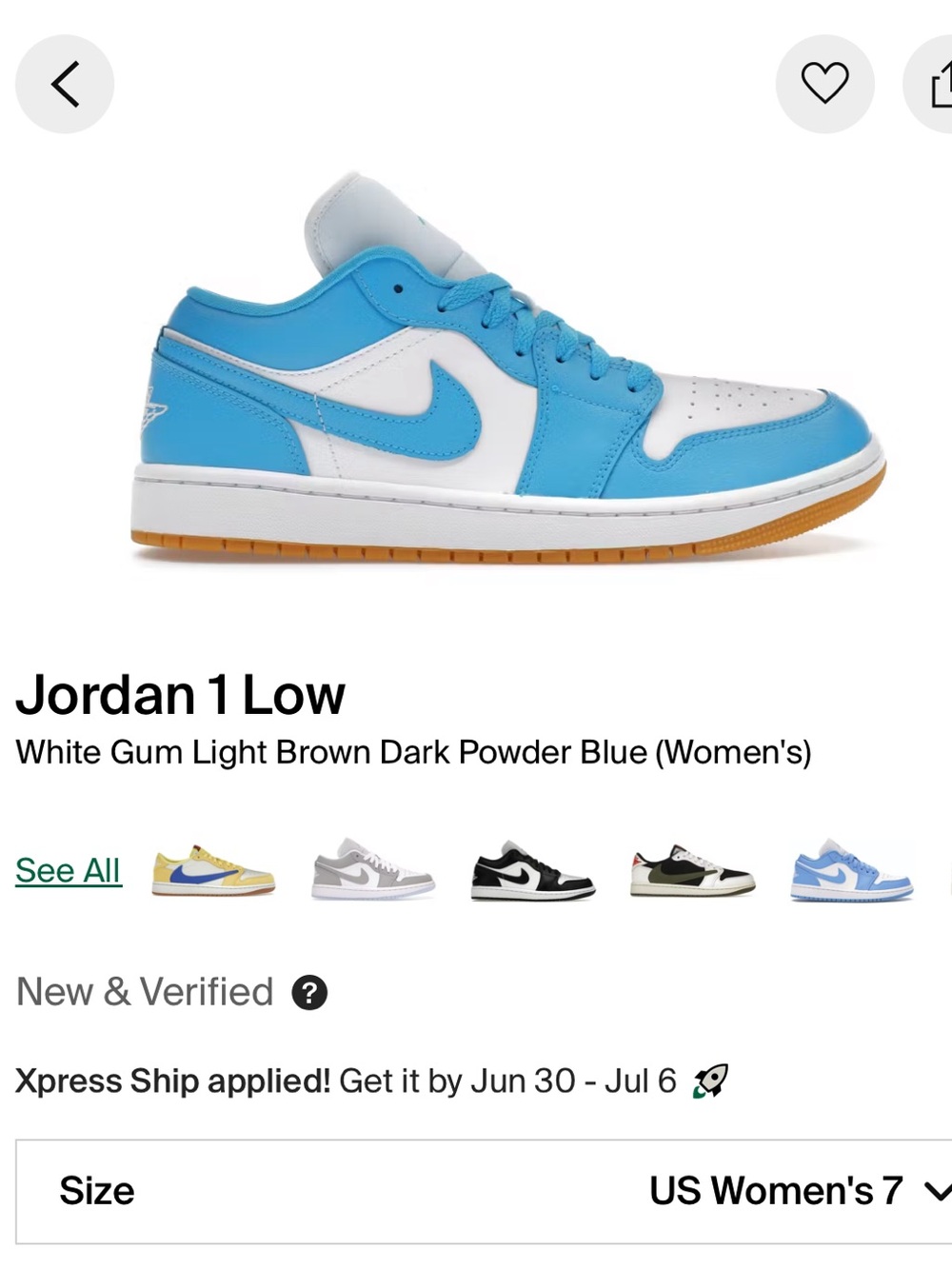 Jordan 1 Low “White Gum Light Brown Dark Powder Blue” Women’s Size 7 - Picture 9 of 12